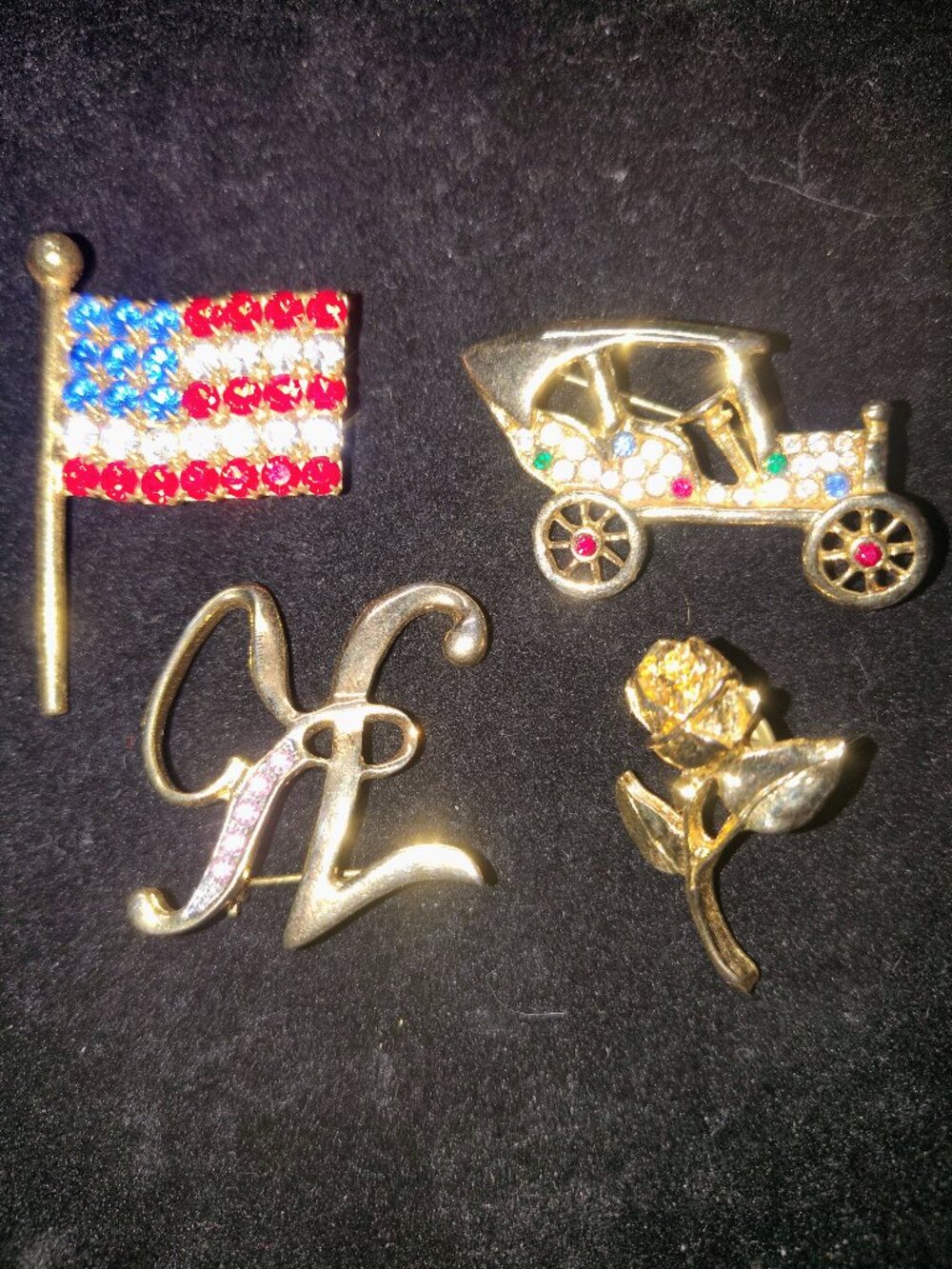 Vintage Brooch & Lapel Pin Lot (4 pcs) – Rhinestone Flag, Model T Car, Initial “